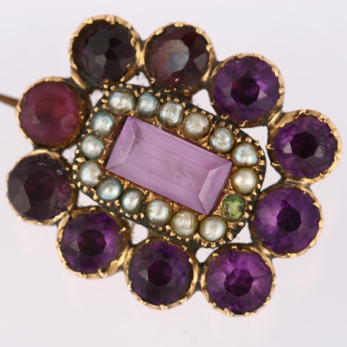 1157 - A Georgian amethyst and pearl cluster memorial brooch, circa 1810, unmarked gold closed-back setting... 