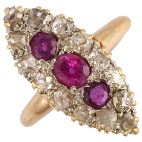 1158 - An Antique 18ct gold ruby and diamond marquise cluster ring, set with old-cut diamonds, total diamon... 