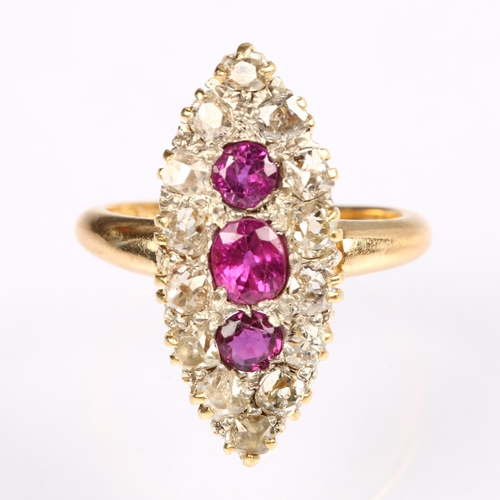 1158 - An Antique 18ct gold ruby and diamond marquise cluster ring, set with old-cut diamonds, total diamon... 