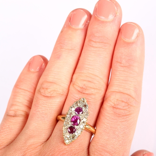 1158 - An Antique 18ct gold ruby and diamond marquise cluster ring, set with old-cut diamonds, total diamon... 