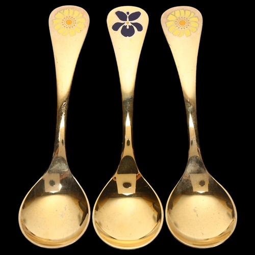 1532 - GEORG JENSEN - 3 Danish sterling silver-gilt commemorative spoons, comprising 2 x 1973, and 1 x 1977... 