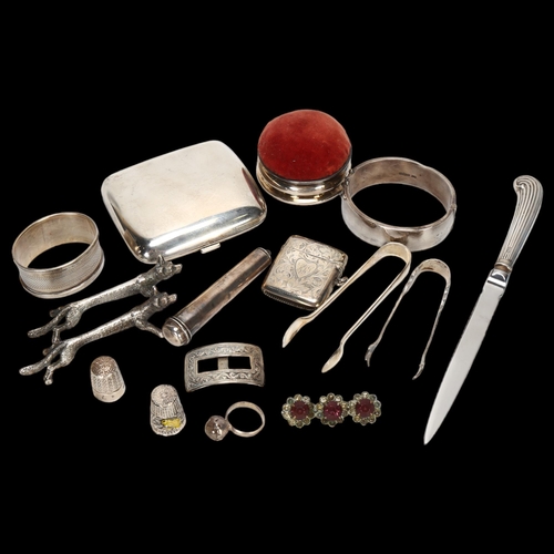 1535 - Various silver and plate, including silver curved cigarette case, hinged bangle, pin cushion etc, 6.... 