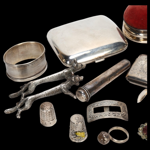 1535 - Various silver and plate, including silver curved cigarette case, hinged bangle, pin cushion etc, 6.... 