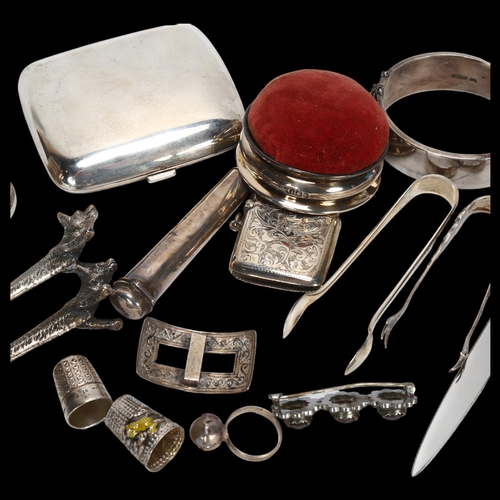 1535 - Various silver and plate, including silver curved cigarette case, hinged bangle, pin cushion etc, 6.... 