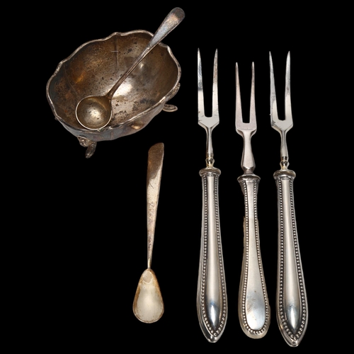 1537 - Various silver, including salt cellar and spoon, 3 pickle forks etc