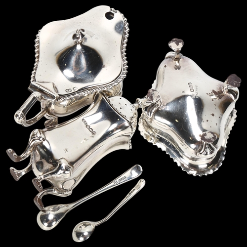 1538 - A George V silver 3-piece cruet set, Richard Richardson, Sheffield 1919, shaped form with gadrooned ... 