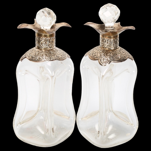 1539 - A pair of George V silver-mounted pinch glass glug glug decanters, indistinct maker, London 1908, re... 