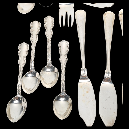 1555 - Various Continental silver flatware, comprising Danish silver fish cutlery for 6 people (15.1oz), se... 