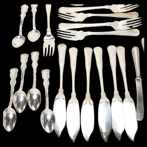 1555 - Various Continental silver flatware, comprising Danish silver fish cutlery for 6 people (15.1oz), se... 