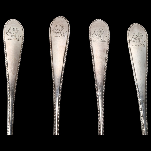 1557 - A set of 6 George III Irish silver feather edge pattern dessert spoons, John Power, Dublin 1779, eng... 