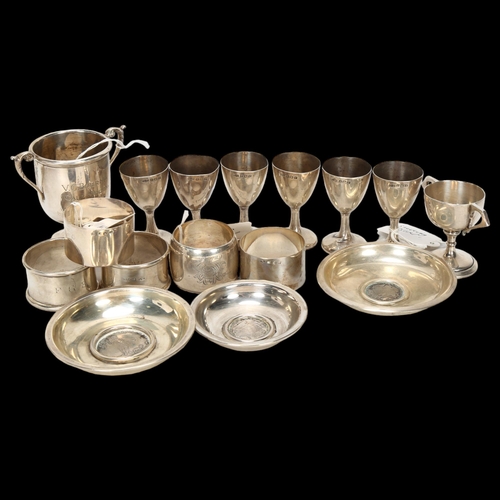 1563 - Various silver, including set of drinking tots, napkin ring etc, 14oz weighable