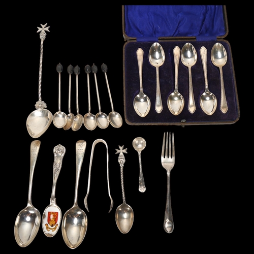 1564 - Various silver flatware, including collector's enamel spoons, coffee spoons etc, 8oz gross