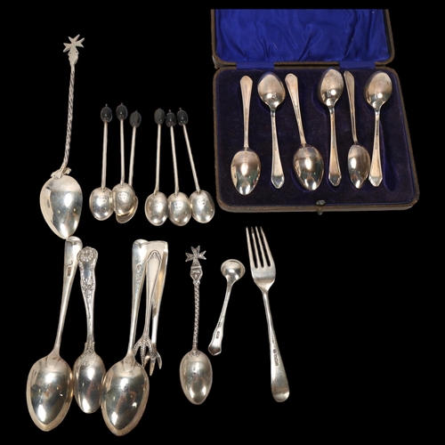 1564 - Various silver flatware, including collector's enamel spoons, coffee spoons etc, 8oz gross