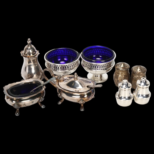 1566 - Various silver, including cased 3-piece cruet set, pair of salt cellars etc