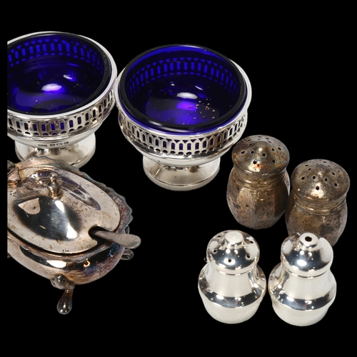 1566 - Various silver, including cased 3-piece cruet set, pair of salt cellars etc