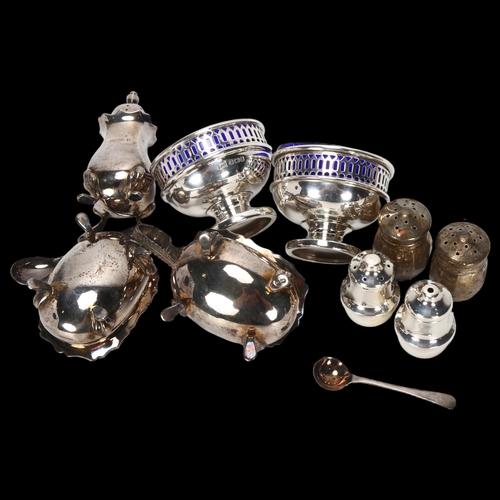 1566 - Various silver, including cased 3-piece cruet set, pair of salt cellars etc