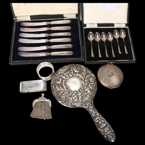 1570 - Various silver, including napkin rings, dressing table hand mirror, compact etc