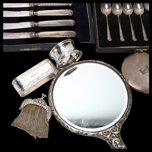 1570 - Various silver, including napkin rings, dressing table hand mirror, compact etc