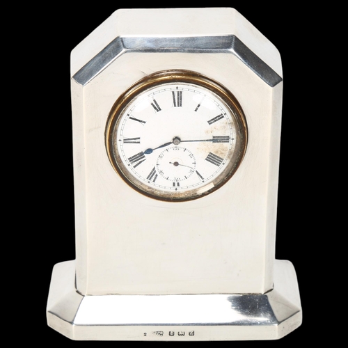 1573 - An Art Deco George V silver mantel clock, Spurrier & Co, Birmingham 1924, white enamel dial with Rom... 