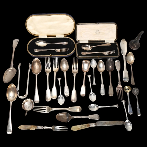 1576 - Various silver, including flatware, George III wine funnel etc, 27oz weighable