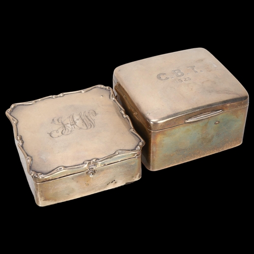 1577 - 2 early 20th century square silver cigarette boxes, width 9.5cm, 17.9oz gross (2)