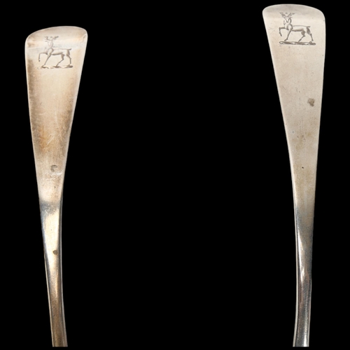 1582 - A pair of George III silver Old English pattern sauce ladles, Thomas Streetin, London 1802, 17cm, 2o... 