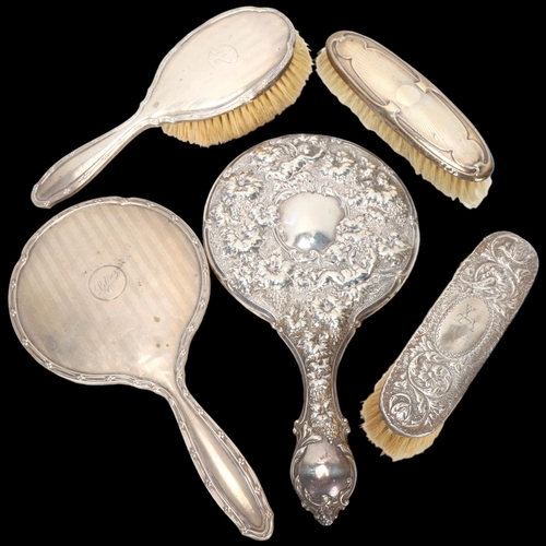 1584 - Various silver dressing table items, comprising 2 x hand mirrors, 2 x clothes brushes, and 1 x hair ... 