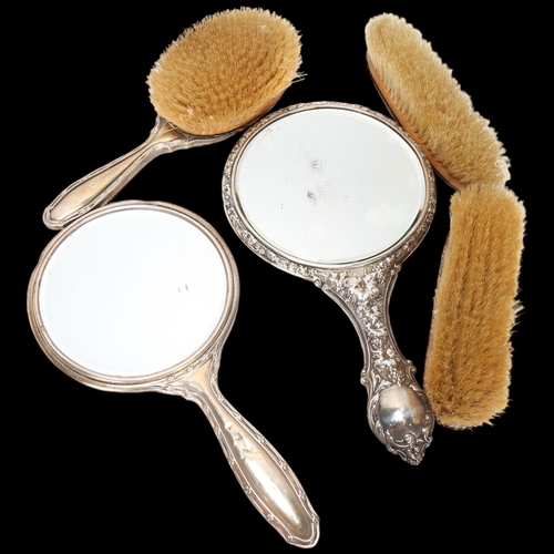 1584 - Various silver dressing table items, comprising 2 x hand mirrors, 2 x clothes brushes, and 1 x hair ... 