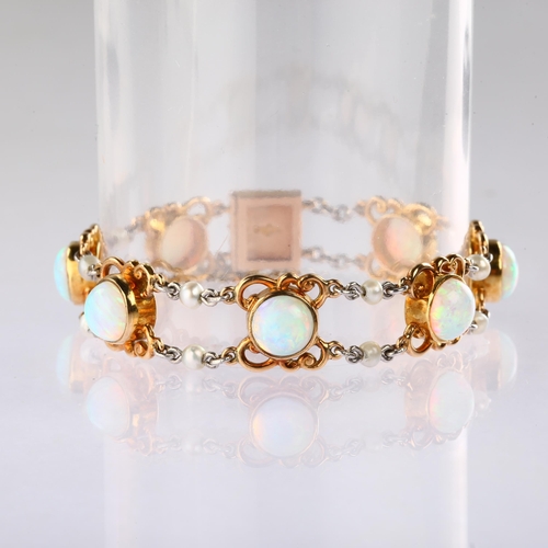 1107 - An early 20th century 15ct gold synthetic opal and pearl bracelet, each round cabochon opal set in o... 