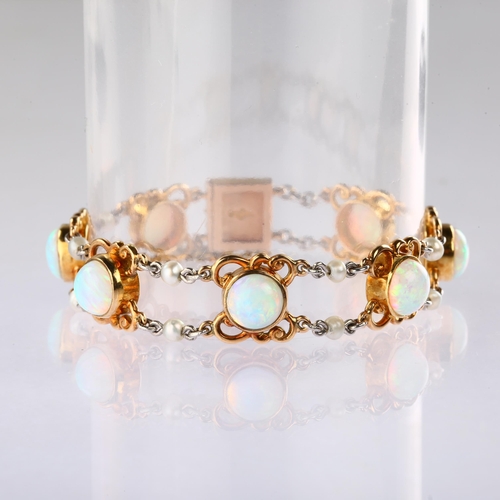 1107 - An early 20th century 15ct gold synthetic opal and pearl bracelet, each round cabochon opal set in o... 