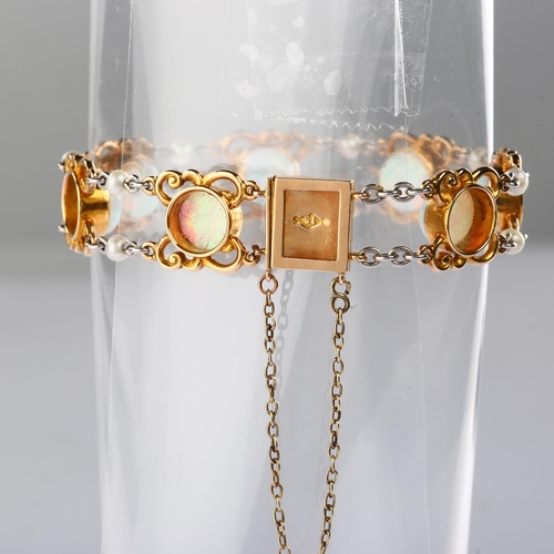 1107 - An early 20th century 15ct gold synthetic opal and pearl bracelet, each round cabochon opal set in o... 