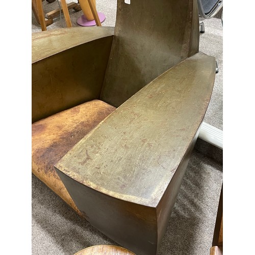 14 - Jonathan Singleton, a 1980s brutalist Easy Number One patinated welded steel Art Deco style lounge c... 