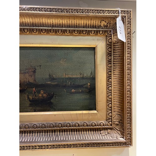 419 - A busy scene with gondolas in Venice, 18th/19th century oil on canvas, unsigned, 16cm x 29cm, framed