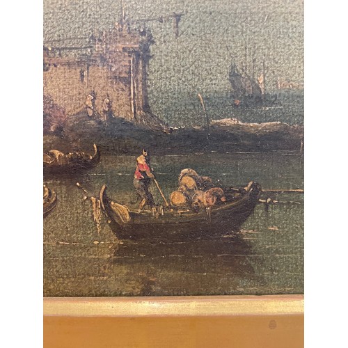 419 - A busy scene with gondolas in Venice, 18th/19th century oil on canvas, unsigned, 16cm x 29cm, framed