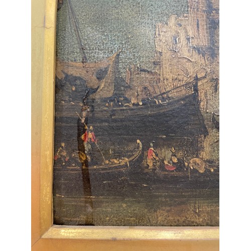 419 - A busy scene with gondolas in Venice, 18th/19th century oil on canvas, unsigned, 16cm x 29cm, framed