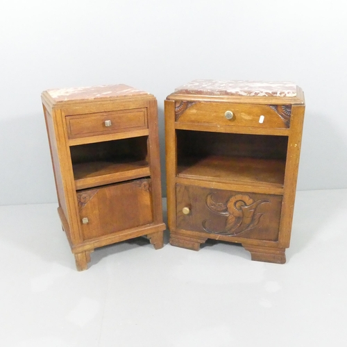 2593 - A French oak marble topped pot cupboard. 39x67x38cm and another 50x68x33cm. (2)