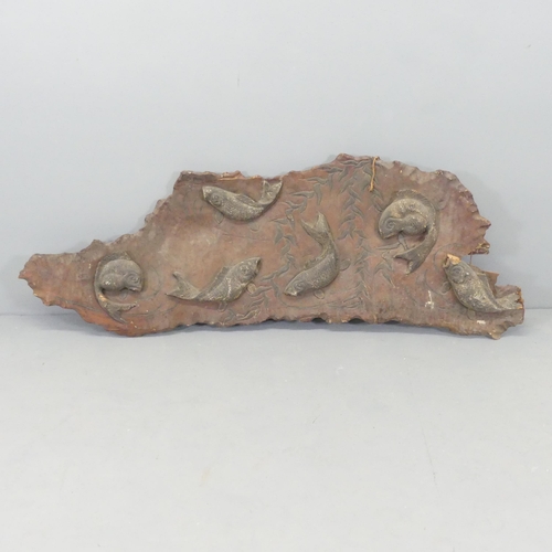 2608 - A vintage Japanese carved elm wall plaque, with applied fish decoration. 150x56cm.