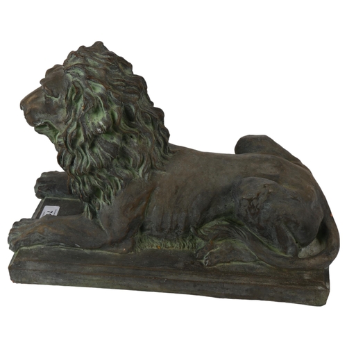 896 - A terracotta lion sculpture on plinth, with verdigris finish, L39cm overall