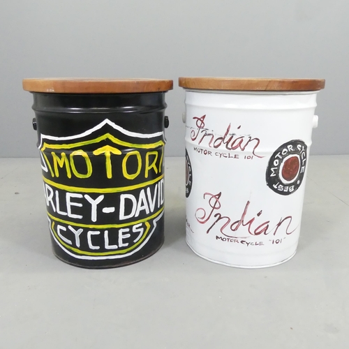 2595 - Two hand painted tin stools advertising Harley-Davidson Motorcycles and Indian Motorcycle, with teak... 