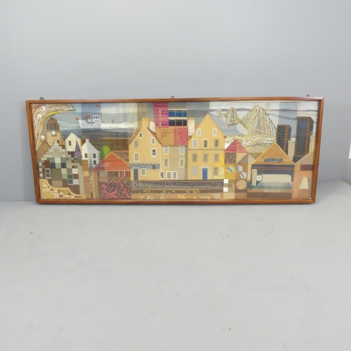 2596 - A mixed media on panel street scene in mahogany frame, unsigned. 194x70x5cm.