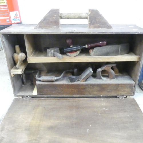 2601 - A carpenter's tool case containing various hand tools including Stanley hand drill and Governor plan... 