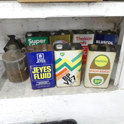 2603 - Nine various vintage petrol cans including Thelson, Jeyes Fluid, BP, Bluecol etc.