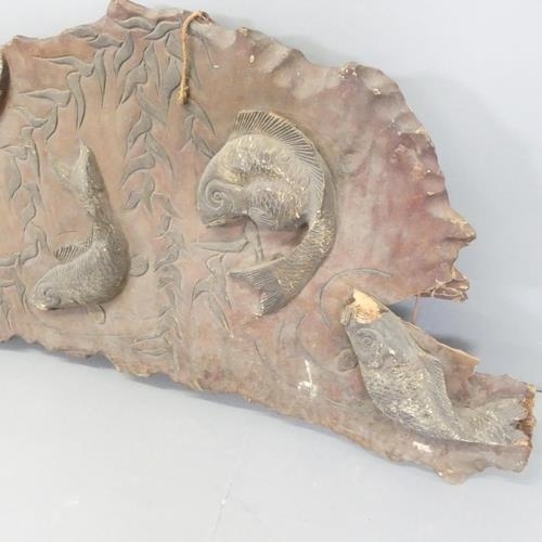 2608 - A vintage Japanese carved elm wall plaque, with applied fish decoration. 150x56cm.