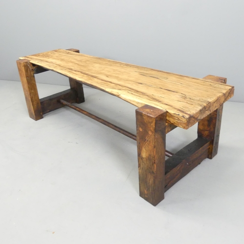 2609 - A spalted birchwood bench / low table on pine frame. 138x43x51cm.