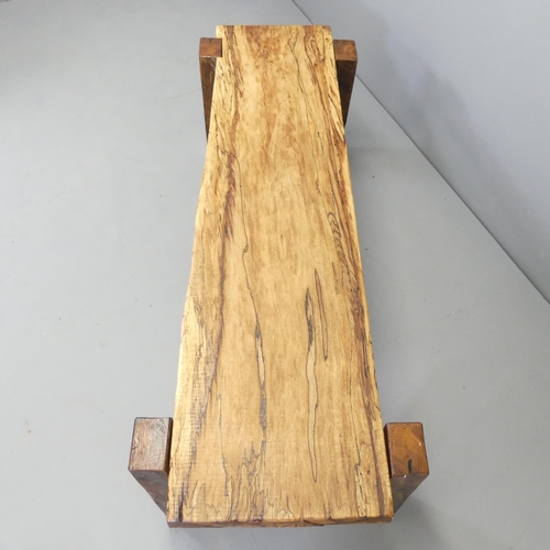 2609 - A spalted birchwood bench / low table on pine frame. 138x43x51cm.