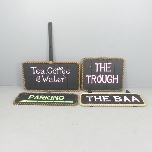 2618 - Four various black painted signs with rope surrounds. Dimensions for 