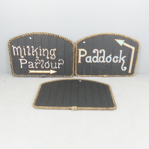 2619 - Three various black painted signs with rope surrounds. Largest (Blank) 90x60cm.