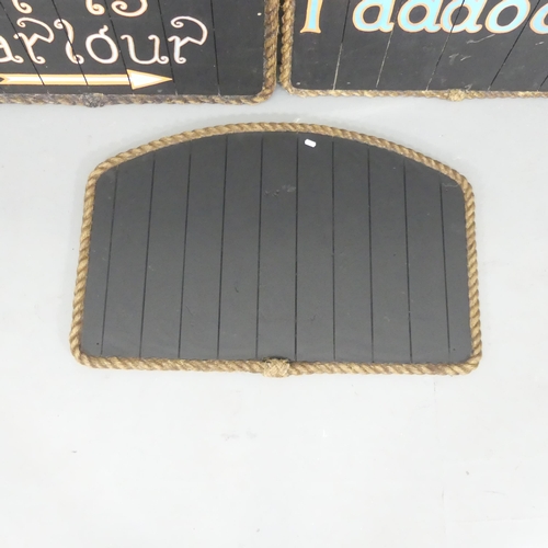 2619 - Three various black painted signs with rope surrounds. Largest (Blank) 90x60cm.