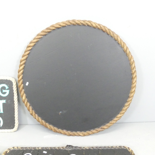 2620 - Four various black painted signs with rope surrounds. Diameter of circular sign 88cm.