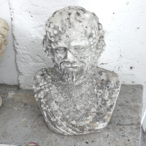 2635 - A weathered composite bust sculpture, study of Bacchus. 38x52x25cm.